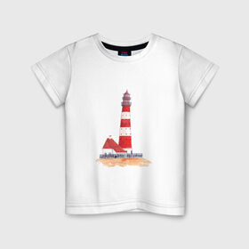 Детская футболка хлопок с принтом Маяк в Петрозаводске, 100% хлопок | круглый вырез горловины, полуприлегающий силуэт, длина до линии бедер | архитектура | белый | дом | забор | красный | крыша | маяк | окно | песок | полосы | свет | спасение