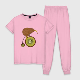 Женская пижама хлопок с принтом Киви на велосипеде в Петрозаводске, 100% хлопок | брюки и футболка прямого кроя, без карманов, на брюках мягкая резинка на поясе и по низу штанин | Тематика изображения на принте: bike | bird | birds | circus | cute | fruit | funny | kiwi | байк | берд | большое колесо | в разрезе | клюв | милая | милота | не достает до педалей | пополам | прикол | природа | птичка | с большим колесом | смешная | фрукт | 