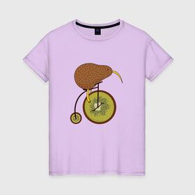 Женская футболка хлопок с принтом Киви на велосипеде в Петрозаводске, 100% хлопок | прямой крой, круглый вырез горловины, длина до линии бедер, слегка спущенное плечо | Тематика изображения на принте: bike | bird | birds | circus | cute | fruit | funny | kiwi | байк | берд | большое колесо | в разрезе | клюв | милая | милота | не достает до педалей | пополам | прикол | природа | птичка | с большим колесом | смешная | фрукт | 
