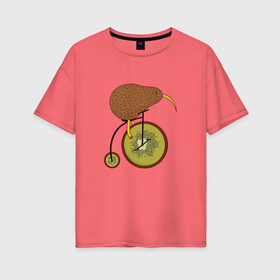 Женская футболка хлопок Oversize с принтом Киви на велосипеде в Петрозаводске, 100% хлопок | свободный крой, круглый ворот, спущенный рукав, длина до линии бедер
 | Тематика изображения на принте: bike | bird | birds | circus | cute | fruit | funny | kiwi | байк | берд | большое колесо | в разрезе | клюв | милая | милота | не достает до педалей | пополам | прикол | природа | птичка | с большим колесом | смешная | фрукт | 