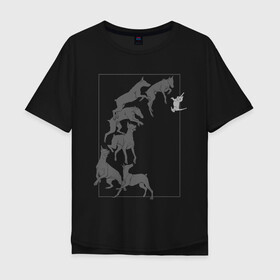 Мужская футболка хлопок Oversize с принтом Доберманы в Петрозаводске, 100% хлопок | свободный крой, круглый ворот, “спинка” длиннее передней части | dogs | графика | движение | доберман | композиция | котенок | рамка | собаки