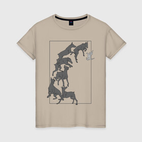 Женская футболка хлопок с принтом Доберманы в Петрозаводске, 100% хлопок | прямой крой, круглый вырез горловины, длина до линии бедер, слегка спущенное плечо | dogs | графика | движение | доберман | композиция | котенок | рамка | собаки