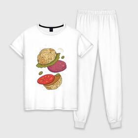 Женская пижама хлопок с принтом Луна бургер в Петрозаводске, 100% хлопок | брюки и футболка прямого кроя, без карманов, на брюках мягкая резинка на поясе и по низу штанин | burger | food | funny | galaxy | hamburger | illustration | joke | moon | planet | space | start | булочки | в разрезе | галактика | гамбургер | гриль | еда | звезды | иллюстрация | космос | котлета | лист | оливки | планета | прикол | разрез | 