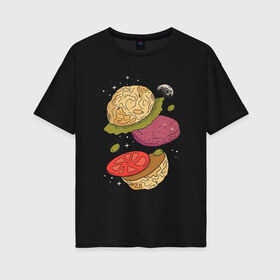 Женская футболка хлопок Oversize с принтом Луна бургер в Петрозаводске, 100% хлопок | свободный крой, круглый ворот, спущенный рукав, длина до линии бедер
 | burger | food | funny | galaxy | hamburger | illustration | joke | moon | planet | space | start | булочки | в разрезе | галактика | гамбургер | гриль | еда | звезды | иллюстрация | космос | котлета | лист | оливки | планета | прикол | разрез | 