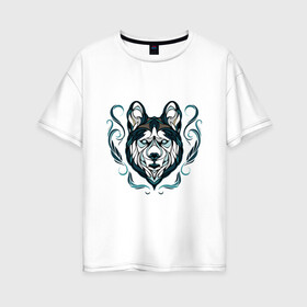 Женская футболка хлопок Oversize с принтом Хаски в Петрозаводске, 100% хлопок | свободный крой, круглый ворот, спущенный рукав, длина до линии бедер
 | волк | друг человека | зима | лайка | маламут | пес | питомец | север | сибирь | снег | собака | собачка | хаски | хатико | щенок