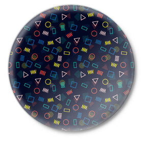 Значок с принтом ГЕОМЕТРИЧЕСКИЕ ФИГУРЫ в Петрозаводске,  металл | круглая форма, металлическая застежка в виде булавки | геометрия | квадрат | круг | прямоугольник | разноцветный | текстуры | треугольник | узор | фигуры