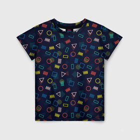 Детская футболка 3D с принтом ГЕОМЕТРИЧЕСКИЕ ФИГУРЫ в Петрозаводске, 100% гипоаллергенный полиэфир | прямой крой, круглый вырез горловины, длина до линии бедер, чуть спущенное плечо, ткань немного тянется | геометрия | квадрат | круг | прямоугольник | разноцветный | текстуры | треугольник | узор | фигуры