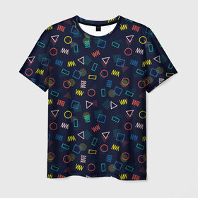 Мужская футболка 3D с принтом ГЕОМЕТРИЧЕСКИЕ ФИГУРЫ в Петрозаводске, 100% полиэфир | прямой крой, круглый вырез горловины, длина до линии бедер | геометрия | квадрат | круг | прямоугольник | разноцветный | текстуры | треугольник | узор | фигуры