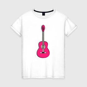 Женская футболка хлопок с принтом Розовая гитара в Петрозаводске, 100% хлопок | прямой крой, круглый вырез горловины, длина до линии бедер, слегка спущенное плечо | girl | guitar | music | pink | pop | rock | артист | гитара | гитарист | гламур | девочкам | девушке | инструмент | клавиши | мелодия | музыка | музыкальные инструменты | музыкант | ноты | песни | подарок | поп | попса