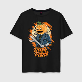 Женская футболка хлопок Oversize с принтом Trick or treat Хэллоуин в Петрозаводске, 100% хлопок | свободный крой, круглый ворот, спущенный рукав, длина до линии бедер
 | halloween | helloween | trick or treat | монстры | приколы | тыква | ужасы | хеллоуин | хэллоуин