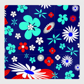 Магнитный плакат 3Х3 с принтом Lorri в Петрозаводске, Полимерный материал с магнитным слоем | 9 деталей размером 9*9 см | blue | flowers | leaves | patterns | summer | texture | летний | листки | синий | текстура | узоры | цветы