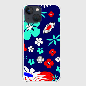 Чехол для iPhone 13 mini с принтом Lorri в Петрозаводске,  |  | blue | flowers | leaves | patterns | summer | texture | летний | листки | синий | текстура | узоры | цветы