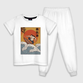 Детская пижама хлопок с принтом Samurai Surfing в Петрозаводске, 100% хлопок |  брюки и футболка прямого кроя, без карманов, на брюках мягкая резинка на поясе и по низу штанин
 | art | big | great | hokusai | illustration | japan | japanese | kanagawa | retrowave | sumo | surf | tsunami | vaportave | wave | yamato | гравюра | иллюстрация | искусство | самурай | серфинг | сумо | укиё э | цунами | ямато э | япония | японс