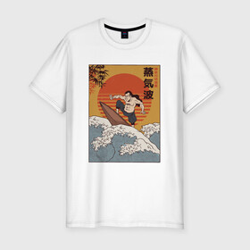 Мужская футболка хлопок Slim с принтом Samurai Surfing в Петрозаводске, 92% хлопок, 8% лайкра | приталенный силуэт, круглый вырез ворота, длина до линии бедра, короткий рукав | Тематика изображения на принте: art | big | great | hokusai | illustration | japan | japanese | kanagawa | retrowave | sumo | surf | tsunami | vaportave | wave | yamato | гравюра | иллюстрация | искусство | самурай | серфинг | сумо | укиё э | цунами | ямато э | япония | японс