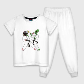 Детская пижама хлопок с принтом Space Karate в Петрозаводске, 100% хлопок |  брюки и футболка прямого кроя, без карманов, на брюках мягкая резинка на поясе и по низу штанин
 | Тематика изображения на принте: alien | art | high | kick | арт | астронавт | битва | в шлеме | гери | гири | иллюстрация | инопланетянин | карате | кимоно | космическое | космонавт | космос | маваши | мае гири | маэ гери | межпланетное | нога