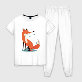 Женская пижама хлопок с принтом Блестящая лисичка в Петрозаводске, 100% хлопок | брюки и футболка прямого кроя, без карманов, на брюках мягкая резинка на поясе и по низу штанин | art | fox | foxy | paw | paws | red | sparkly | sparks | арт | блики | животное | животные | звездочки | звезды | зверь | иллюстрация | лапки | лес | лесная | лиса | мех | нос | носик | оранжевая | пушистая | рисунок | ушки |