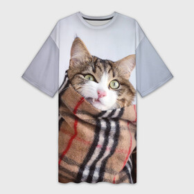 Платье-футболка 3D с принтом Кот в шарфе в Петрозаводске,  |  | Тематика изображения на принте: cat | животные | звири | кис | киска | кот | котейка | котик | коты | котяра | кошка | кошки | природа