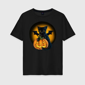 Женская футболка хлопок Oversize с принтом Черный котик с тыквой Хэллоуин в Петрозаводске, 100% хлопок | свободный крой, круглый ворот, спущенный рукав, длина до линии бедер
 | кот | котик | крылья | летучая | луна | мышь | тыква | хеллоуин | хэллоуин | черный