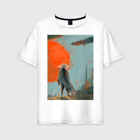 Женская футболка хлопок Oversize с принтом Samurai 11-15 в Петрозаводске, 100% хлопок | свободный крой, круглый ворот, спущенный рукав, длина до линии бедер
 | катана | маска | ронин | самурай | япония