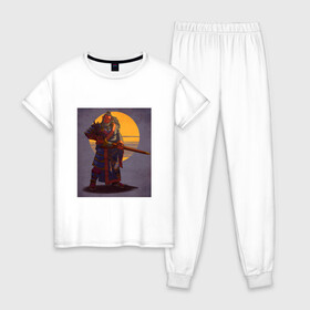Женская пижама хлопок с принтом Samurai 11-17 в Петрозаводске, 100% хлопок | брюки и футболка прямого кроя, без карманов, на брюках мягкая резинка на поясе и по низу штанин | катана | маска | ронин | самурай | япония