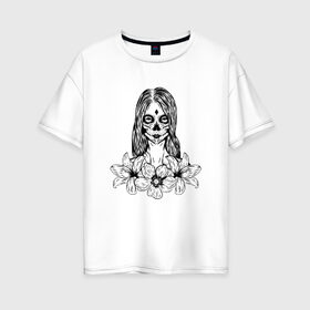 Женская футболка хлопок Oversize с принтом Santa Muerte в Петрозаводске, 100% хлопок | свободный крой, круглый ворот, спущенный рукав, длина до линии бедер
 | calavera | muerte | santa | santa muerte | santa muerte цветы | девушка цветы | калавера | мексиканская вечеринка | муэрте | муэрто | санта муэрте | санта муэрте цветы