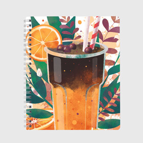 Тетрадь с принтом бодрящий коктейль в Петрозаводске, 100% бумага | 48 листов, плотность листов — 60 г/м2, плотность картонной обложки — 250 г/м2. Листы скреплены сбоку удобной пружинной спиралью. Уголки страниц и обложки скругленные. Цвет линий — светло-серый
 | апельсин | бодрость | витамины | коктейль | кофе | лето | напиток | яркий