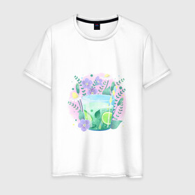 Мужская футболка хлопок с принтом летний напиток в Петрозаводске, 100% хлопок | прямой крой, круглый вырез горловины, длина до линии бедер, слегка спущенное плечо. | Тематика изображения на принте: еда | жара | коктейль | лайм | лед | лето | напиток | свежесть | фрукты | цветы