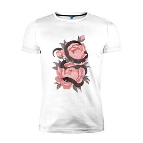 Мужская футболка хлопок Slim с принтом Змеиные розы в Петрозаводске, 92% хлопок, 8% лайкра | приталенный силуэт, круглый вырез ворота, длина до линии бедра, короткий рукав | арт | змеиная роза | змея | змея и роза | рисунок | роза | розовая роза | розовые розы | розовый | розы | тёмный | уж | ужик | цветок | цветы | чёрный