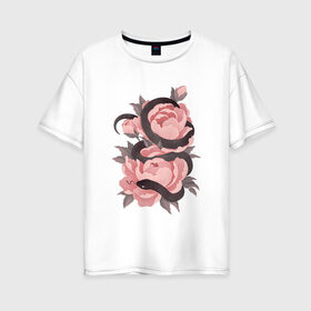 Женская футболка хлопок Oversize с принтом Змеиные розы в Петрозаводске, 100% хлопок | свободный крой, круглый ворот, спущенный рукав, длина до линии бедер
 | Тематика изображения на принте: арт | змеиная роза | змея | змея и роза | рисунок | роза | розовая роза | розовые розы | розовый | розы | тёмный | уж | ужик | цветок | цветы | чёрный
