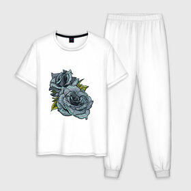 Мужская пижама хлопок с принтом Синяя роза в Петрозаводске, 100% хлопок | брюки и футболка прямого кроя, без карманов, на брюках мягкая резинка на поясе и по низу штанин
 | Тематика изображения на принте: арт | зеленый | рисунок | роза | розы | синие розы | синий | синяя роза | темный