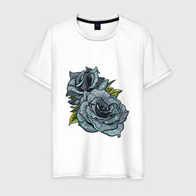 Мужская футболка хлопок с принтом Синяя роза в Петрозаводске, 100% хлопок | прямой крой, круглый вырез горловины, длина до линии бедер, слегка спущенное плечо. | Тематика изображения на принте: арт | зеленый | рисунок | роза | розы | синие розы | синий | синяя роза | темный