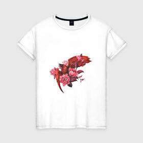 Женская футболка хлопок с принтом Красная птица с цветами в Петрозаводске, 100% хлопок | прямой крой, круглый вырез горловины, длина до линии бедер, слегка спущенное плечо | арт | красная птица | красный | крылья | перья | полёт | полёт птицы | птица | рисунок | розовые цветы | розовый | розовый цветок | цветок | цветы
