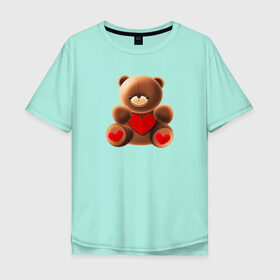 Мужская футболка хлопок Oversize с принтом Медвежонок с сердечком в Петрозаводске, 100% хлопок | свободный крой, круглый ворот, “спинка” длиннее передней части | love is | teddy bear | valentines day | бабушка | валентинка | влюбленные | девушке | жена | лучшая | любимая | люблю | любовь | мама | медведь | медвежата | молодожены | подарок | романтика | свадебные | свадьба