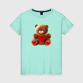 Женская футболка хлопок с принтом Медвежонок с сердечком в Петрозаводске, 100% хлопок | прямой крой, круглый вырез горловины, длина до линии бедер, слегка спущенное плечо | love is | teddy bear | valentines day | бабушка | валентинка | влюбленные | девушке | жена | лучшая | любимая | люблю | любовь | мама | медведь | медвежата | молодожены | подарок | романтика | свадебные | свадьба