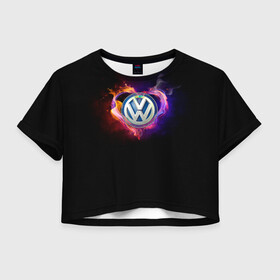 Женская футболка Crop-top 3D с принтом Volkswagen в Петрозаводске, 100% полиэстер | круглая горловина, длина футболки до линии талии, рукава с отворотами | love vw | volkswagen | vw | vw в сердце | vw значок | vw лого | vw марка | vw эмблема | wv | горящее сердце | значок vw | значок фольксваген | лого автомобиля | лого вольцваген | логотип vw | люблю vw | люблю фольксваген