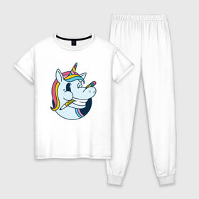 Женская пижама хлопок с принтом Единорог с карандашом в Петрозаводске, 100% хлопок | брюки и футболка прямого кроя, без карманов, на брюках мягкая резинка на поясе и по низу штанин | back to | creepy | cringe | cute | funny | horn | pencil | rainbow | school | schoolboy | unicorn | unicorns | в школу | милый | обучение | пегас | пони | радуга | рог | смешной | снова в школу | ученик | учитель | цвета радуги | школа | школ