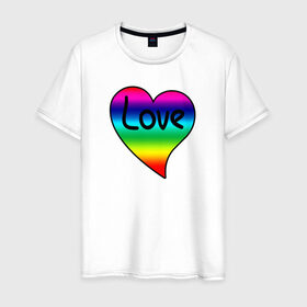 Мужская футболка хлопок с принтом Rainbow Love в Петрозаводске, 100% хлопок | прямой крой, круглый вырез горловины, длина до линии бедер, слегка спущенное плечо. | heart | love is | love you | valentines day | бабушка | валентинка | влюбленные | девушке | жена | лучшая | любимая | люблю | любовь | мама | молодожены | подарок | радуга | радужный | романтика | свадебные | свадьба