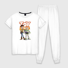 Женская пижама хлопок с принтом Toy Story в Петрозаводске, 100% хлопок | брюки и футболка прямого кроя, без карманов, на брюках мягкая резинка на поясе и по низу штанин | buzz lightyear | disney | pixar | toy story | vdkimel | woody | базз лайтер | вуди | дисней | история игрушек | пиксар