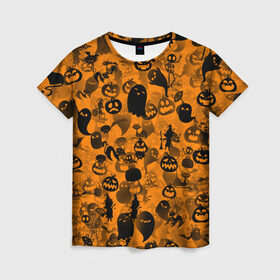 Женская футболка 3D с принтом Halloween в Петрозаводске, 100% полиэфир ( синтетическое хлопкоподобное полотно) | прямой крой, круглый вырез горловины, длина до линии бедер | ведьма | кот | паттерн | паутина | привидение | призрак | скелет | тыква