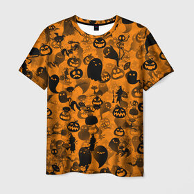 Мужская футболка 3D с принтом Halloween в Петрозаводске, 100% полиэфир | прямой крой, круглый вырез горловины, длина до линии бедер | ведьма | кот | паттерн | паутина | привидение | призрак | скелет | тыква