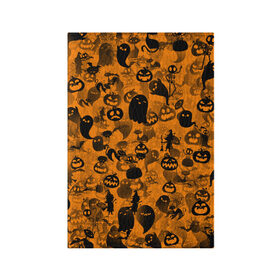 Обложка для паспорта матовая кожа с принтом Halloween в Петрозаводске, натуральная матовая кожа | размер 19,3 х 13,7 см; прозрачные пластиковые крепления | ведьма | кот | паттерн | паутина | привидение | призрак | скелет | тыква