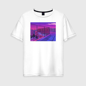 Женская футболка хлопок Oversize с принтом NFRNS -такты в Петрозаводске, 100% хлопок | свободный крой, круглый ворот, спущенный рукав, длина до линии бедер
 | графика | игра | компьютерная графика | неон | пейзаж | пиксели | пиксельный пейзаж | фиолетовый