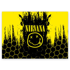 Поздравительная открытка с принтом Nirvana. в Петрозаводске, 100% бумага | плотность бумаги 280 г/м2, матовая, на обратной стороне линовка и место для марки
 | music | nirvana | rock | smile | американская рок группа | гранж | известные личности | крист новоселич | курт кобейн | музыка | музыканты | нирвана | панк рок | певцы | рок | смайл | хард рок | хэви металл