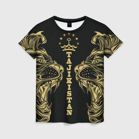 Женская футболка 3D с принтом Таджикистан в Петрозаводске, 100% полиэфир ( синтетическое хлопкоподобное полотно) | прямой крой, круглый вырез горловины, длина до линии бедер | crown | golden | king | lion | republic | tajikistan | золотой | король | корона | лев | республика | таджикистан | царь