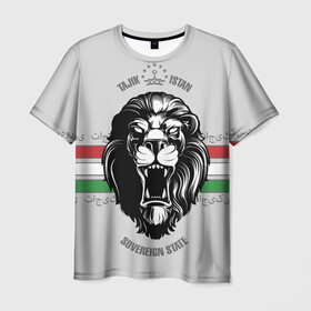 Мужская футболка 3D с принтом Таджикистан в Петрозаводске, 100% полиэфир | прямой крой, круглый вырез горловины, длина до линии бедер | crown | flag | king | lion | republic | tajikistan | король | корона | лев | республика | таджикистан | флаг | царь