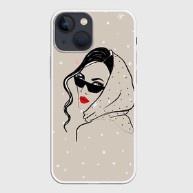 Чехол для iPhone 13 mini с принтом Модная девушка в очках в Петрозаводске,  |  | Тематика изображения на принте: беж | брюнетка | гламур | девушка | красота | лицо | мода | очки | помада