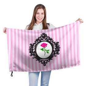 Флаг 3D с принтом Роза в рамке в Петрозаводске, 100% полиэстер | плотность ткани — 95 г/м2, размер — 67 х 109 см. Принт наносится с одной стороны | классика | полоска | рамка | роза | розовый | черный