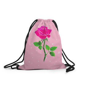 Рюкзак-мешок 3D с принтом Роза на розовом в Петрозаводске, 100% полиэстер | плотность ткани — 200 г/м2, размер — 35 х 45 см; лямки — толстые шнурки, застежка на шнуровке, без карманов и подкладки | Тематика изображения на принте: женственно | красота | роза | розовый | снежинки | фуксия | цветок | шик