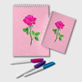 Блокнот с принтом Роза на розовом в Петрозаводске, 100% бумага | 48 листов, плотность листов — 60 г/м2, плотность картонной обложки — 250 г/м2. Листы скреплены удобной пружинной спиралью. Цвет линий — светло-серый
 | женственно | красота | роза | розовый | снежинки | фуксия | цветок | шик