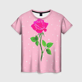 Женская футболка 3D с принтом Роза на розовом в Петрозаводске, 100% полиэфир ( синтетическое хлопкоподобное полотно) | прямой крой, круглый вырез горловины, длина до линии бедер | женственно | красота | роза | розовый | снежинки | фуксия | цветок | шик